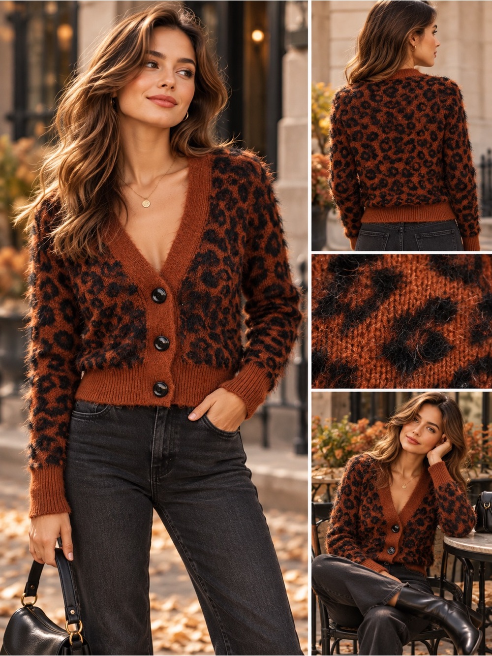 Glo Fashion London Leopard Cardigan Women’s M Rust Black Fuzzy Button Front